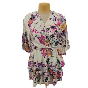 Umgee Floral Surplice Dress Womens Large Ivory Tiered Boho Short Sleeve Colorful